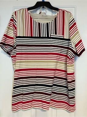 CJ Banks Striped Short-Sleeve Pocket Top in Red, Tan, Black and Cream